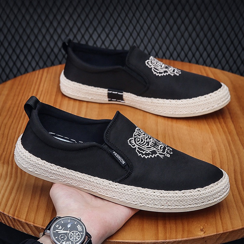 Espadrille Slip On - Schwarze atmungsaktive Schuhe für Herren, Luxus-Loafer,